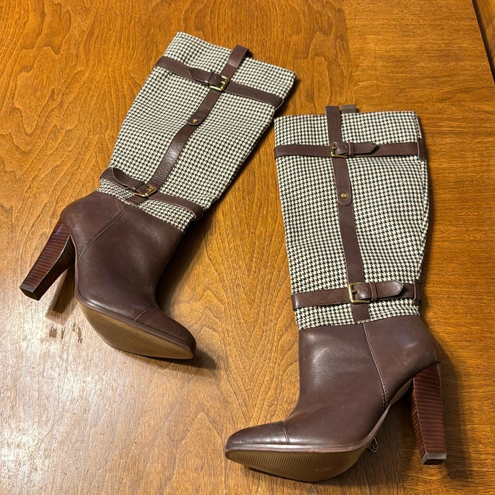 Tommy Hilfiger Frita Brown Leather Houndstooth High Block Heels Tall Boots 8 - Picture 4 of 15